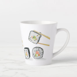 Caneca De Café Latte Rolos de Salmão Sushi Com Hashis
