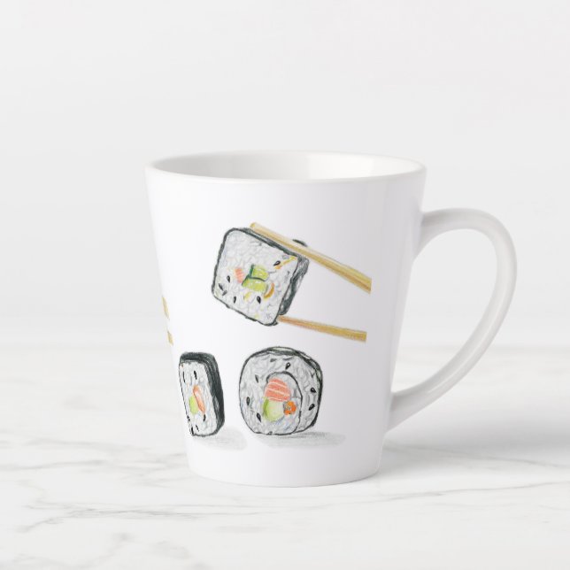 Caneca De Café Latte Rolos de Salmão Sushi Com Hashis  (Direita)