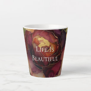 Caneca De Café Latte Românico Red Burgundy Rosa Dourado Floral