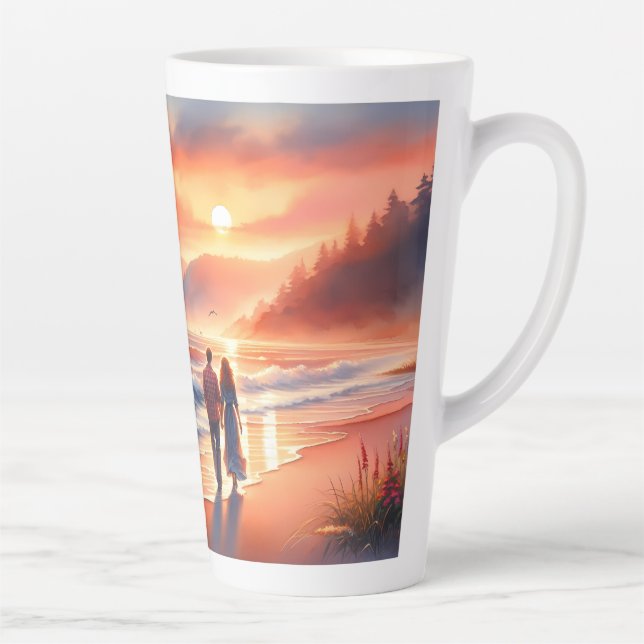 Caneca De Café Latte Romantic Coastal Sunset Lighthouse Walk (Direita)