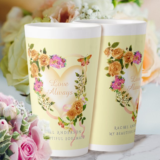Caneca De Café Latte Romântica, Dourada Rosa, Amor Sempre Beige Lata (Elegant Love Always Gold Rose Mug.)