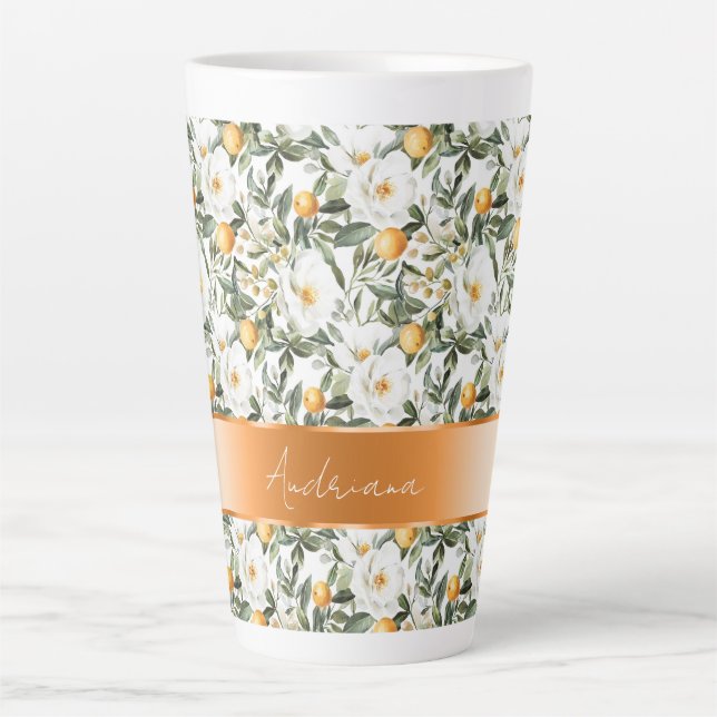 Caneca De Café Latte Romântica Laranjas Florais Sicília Italiana (Frente)