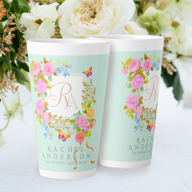 Caneca De Café Latte Romântica Monograma do Jardim Romântico (Elegant romantic flowers monogram design.)