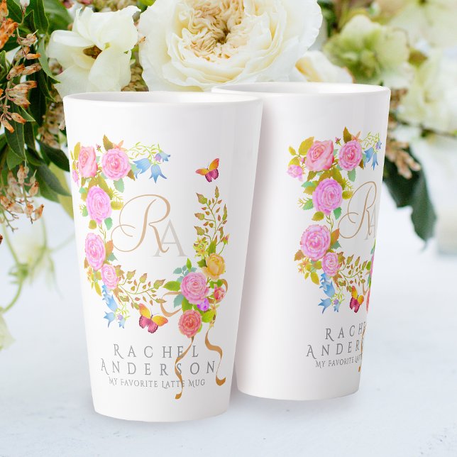 Caneca De Café Latte Romântica Monograma do Jardim Santuário Branco (Elegant romantic flowers monogram design.)