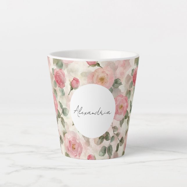 Caneca De Café Latte Romântica Rosas Rosa Escamosas Floral (Frente)