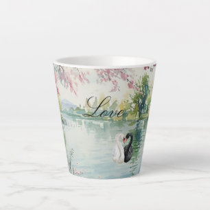 Caneca De Café Latte Romântica Swans Lake Love