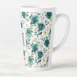Caneca De Café Latte Romântico Creme Verde Rosa Floral Monograma Românt
