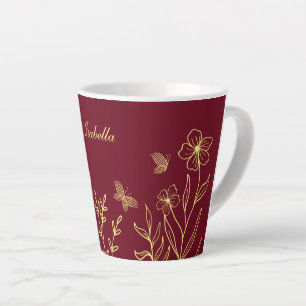 Caneca De Café Latte Romântico elegante flor de ouro burgundy