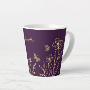 Caneca De Café Latte Romântico elegante flor de ouro roxo