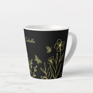 Caneca De Café Latte Romântico elegante floral dourado preto 