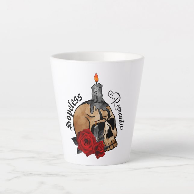 Caneca De Café Latte Romântico sem esperança - Caveira gótica, Rosa ver (Frente)