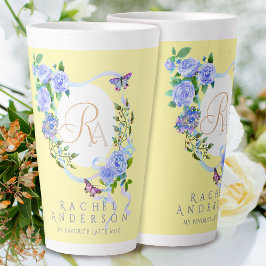 Caneca De Café Latte Rosa Azul, Fita, Bico, Monograma, Lã Amarela