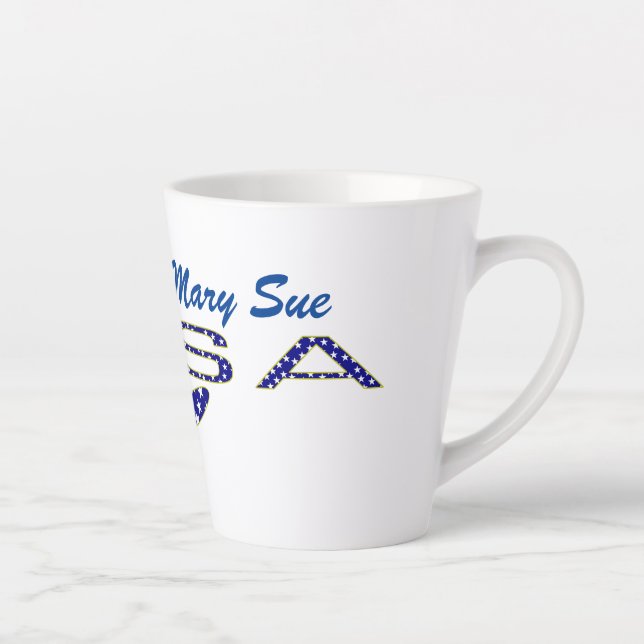 Caneca De Café Latte Rosa Bandeira EUA Azul Personalizada (Direita)