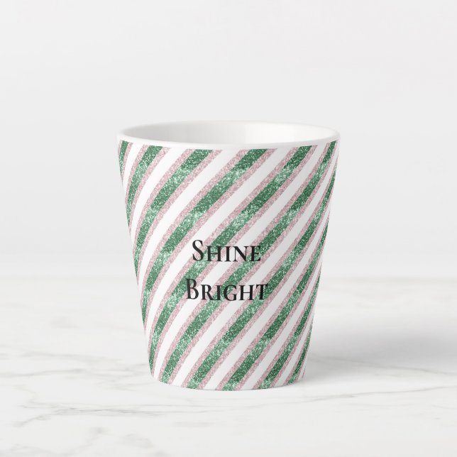 Caneca De Café Latte Rosa Bege Verde Glitzy Glitter Listras Natal (Frente)