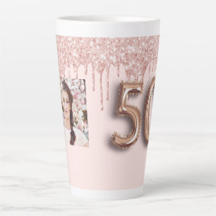 Caneca De Café Latte rosa de 50 anos, brilho dourado pinga foto rosa