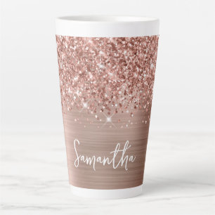Caneca De Café Latte Rosa Dourado Glam Brilhante Espelhado Nome