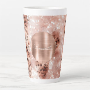 Caneca De Café Latte Rosa Dourado Glam Leopard Glitter Personalizado