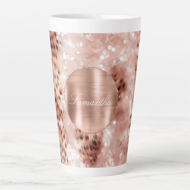 Caneca De Café Latte Rosa Dourado Glam Leopard Glitter Personalizado (Frente)