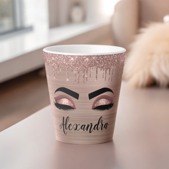 Caneca De Café Latte Rosa Dourado Glitter Sparkle Eyelashes Monograma (Criador carregado)