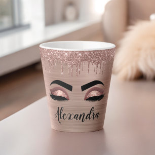 Caneca De Café Latte Rosa Dourado Glitter Sparkle Eyelashes Nome do Mon