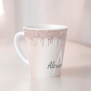 Caneca De Café Latte Rosa Dourado - Monograma de Nome em Brilho Rosa Be