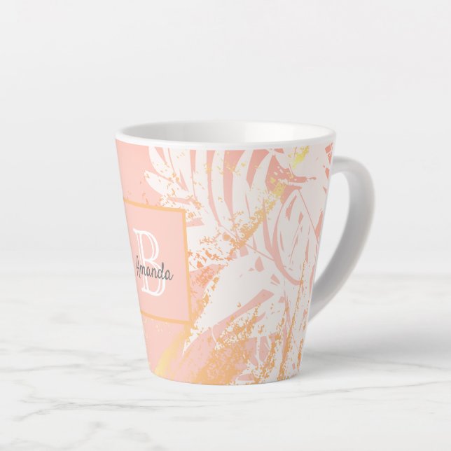 Caneca De Café Latte Rosa dourado palmeira deixa monograma (Ângulo direito)