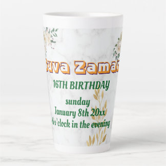 Caneca De Café Latte Rosa Floral Branca Elegante Aniversário de 16 anos