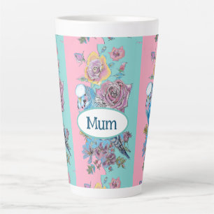 Caneca De Café Latte Rosa Floral Cor-de-rosa  Azul Dia de as mães Aqua