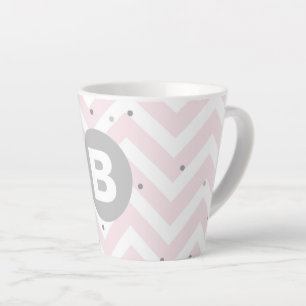 Caneca De Café Latte Rosa Pastel Chevron e Monograma Cinza Pontos