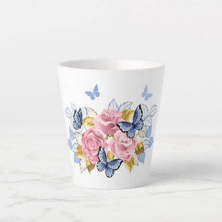 Caneca De Café Latte Rosa Rosen & blaue Schmetterlinge - Elegante Tasse