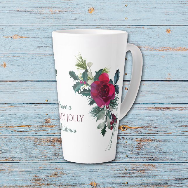 Caneca De Café Latte Rosa vermelha Buquê Holly Jolly Natal (Criador carregado)