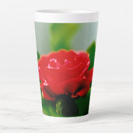 Caneca De Café Latte Rosa vermelha de manhã coberta com gotas de orvalh
