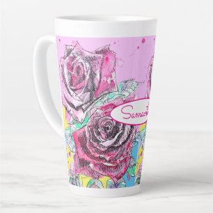 Caneca De Café Latte Rosa vermelha Flor Aquarela Cor-de-Água Cor Rosa C