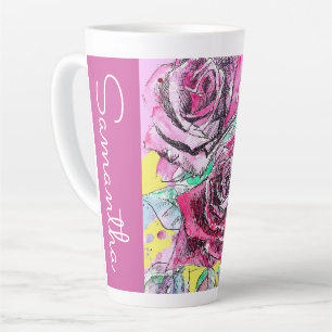 Caneca De Café Latte Rosa vermelha Flor Floral Watercolor Nome das Mulh