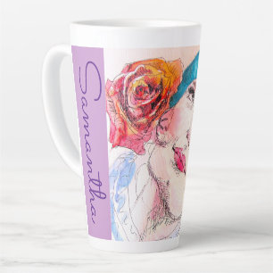 Caneca De Café Latte Rosa vermelha Floral Girl Watercolor Nome das mulh