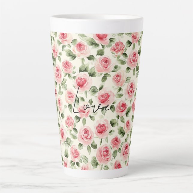 Caneca De Café Latte Rosas Cor-de-Rosa Bonitas Floral (Frente)