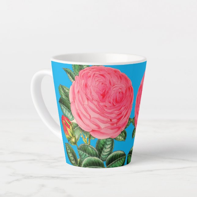 Caneca De Café Latte Rosas Cor-de-Rosa sobre Azul Água  (Ângulo esquerdo)