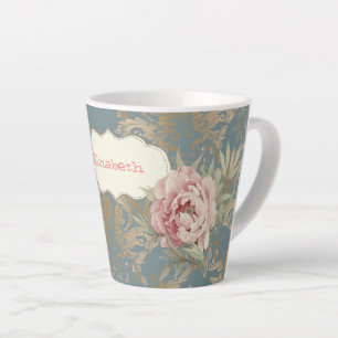 Caneca De Café Latte Rosas Douradas Elegantes e Chiques em Damascado