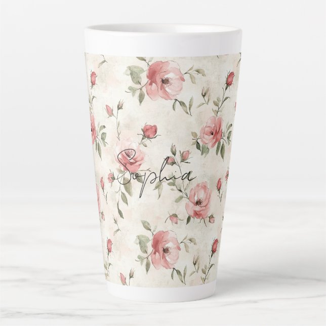 Caneca De Café Latte Rosas Florais Bege Rosa Marfim   (Frente)
