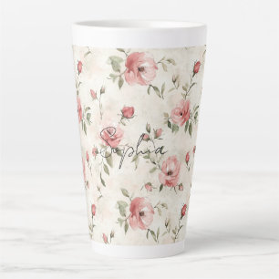 Caneca De Café Latte Rosas Florais Rosa Bege Marfim  