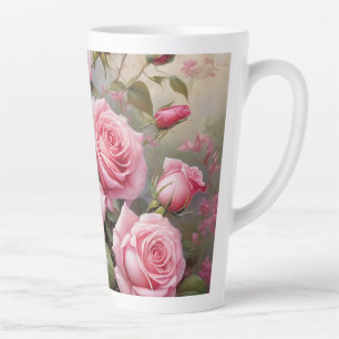 Caneca De Café Latte Rosas Pink Vintage