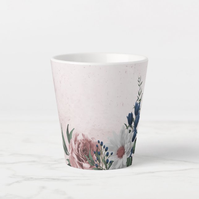 Caneca De Café Latte Rosas românticas brancas e azuis marinho com folha (Frente)