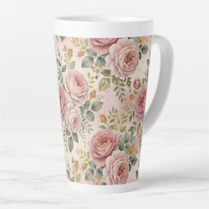 Caneca De Café Latte Rosas Rosa Empoeirada Charme Artístico Verde Sage 