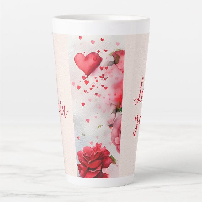 Caneca De Café Latte Rosas rosa-vermelha e corações Te Amo romântico (Frente)