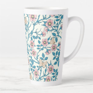 Caneca De Café Latte Rosas silvestres e borboletas /rosa/azul/branco es