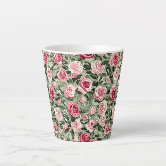 Caneca De Café Latte Rosas Verdes Rosa Vermelhos Floral (Frente)