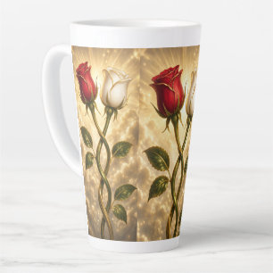 Caneca De Café Latte Rosas vermelhas e brancas entrelaçadas.
