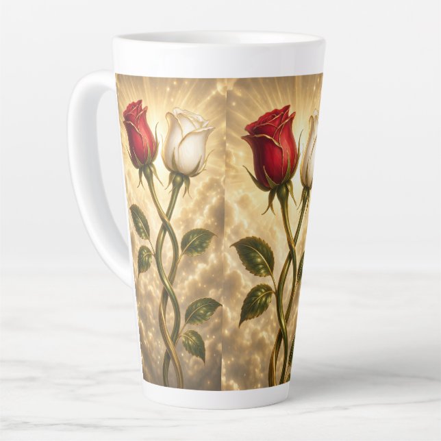 Caneca De Café Latte Rosas vermelhas e brancas entrelaçadas. (Ângulo esquerdo)