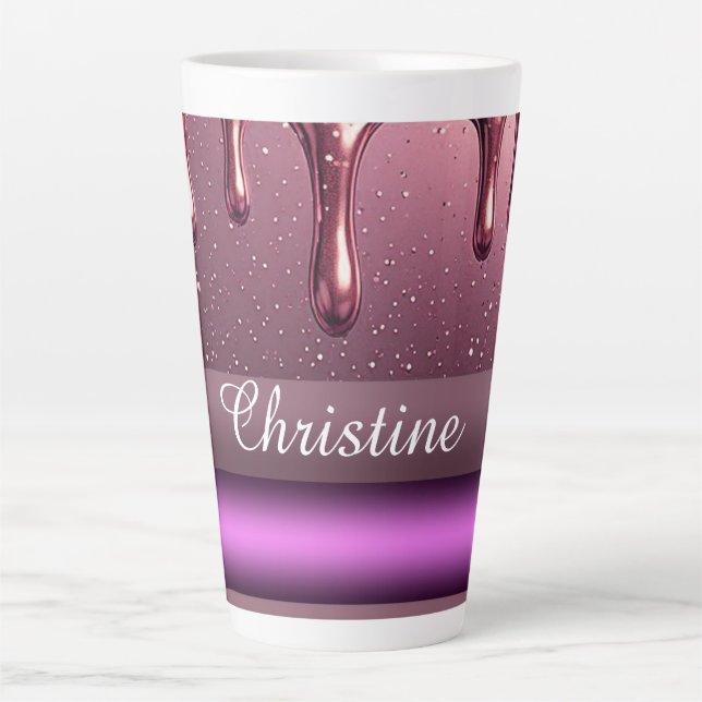 Caneca De Café Latte Rose Gold Glitter Drip Custom name (Frente)