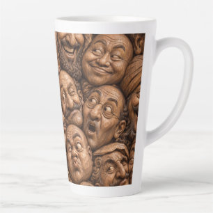 Caneca De Café Latte Rostos de Madeira Talhada Padrão Boho Vintage